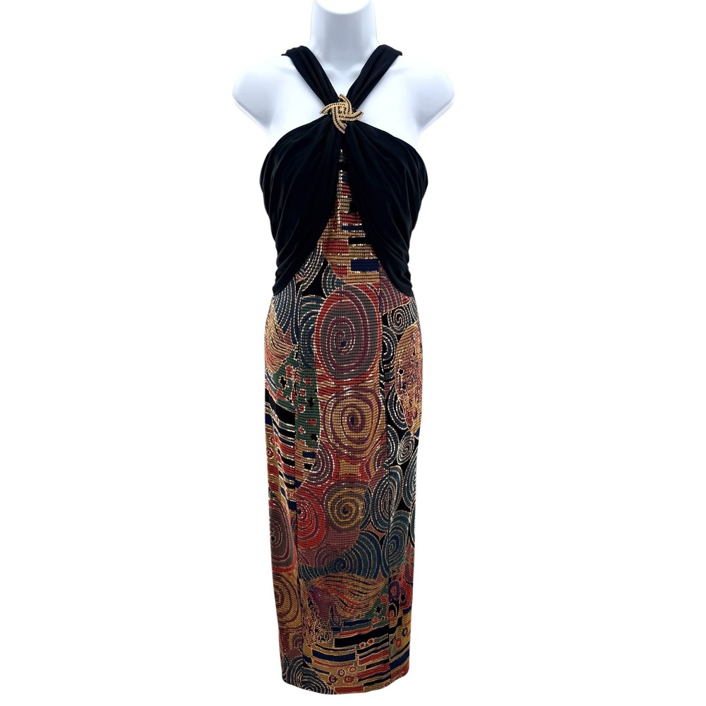 Vtg Cache Italian Fabric Klimt Metallic Abstract Halter Dress Gown Black Gold S